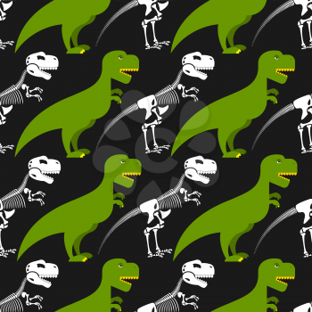 Dinosaur skeleton and seamless pattern. Green prehistoric monster with a skull and crossbones. Texture for baby tissue. Ornament of ancient reptile.
