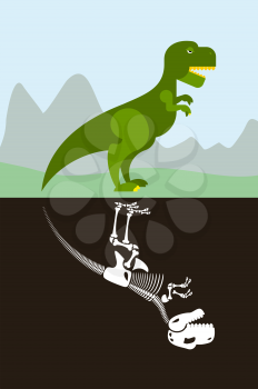 Tyrannosaurus in nature. Skeleton in ground soil. Jurassic monster and dice ancient Raptor.
