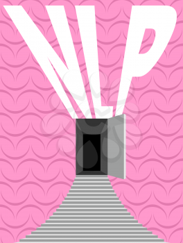 NLP logo. Open door and step onto background texture of human brain. Entrance into subconscious. Vector illustration.
