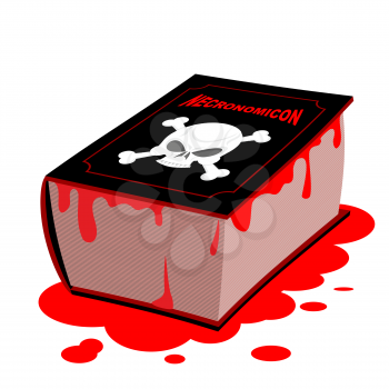 Necronomicon. Book of black magic is dead. Horrible old black book. Blood on pages and cover. Skull Horror Book. Vector illustration