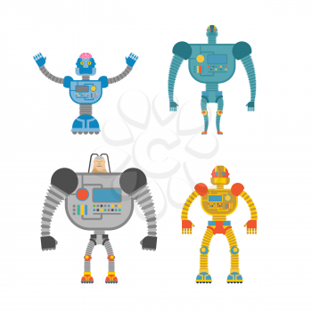 Robots Set. Space invaders Cyborgs. Iron colored robots.