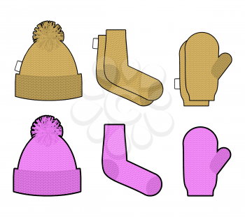 Set clothes for cold weather. Winter knitted clothing accessory. Hat and socks, mittens. Warm clothing.