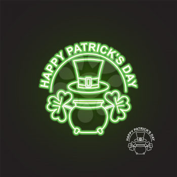 Happy Patricks day. Logo for holiday. Neon sign. Pot of gold and clover. Hat cylinder. March 17 holiday accessories in Ireland
