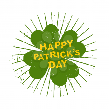 Four leaf clover. Happy Patricks day. Emblem grunge for holiday. Green clover and rays. Plant for lucky winner, brings good luck Logo of  St. Patrick's day in Ireland 17 March
