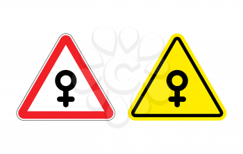 Warning sign of attention woman. Yellow danger girl. Female symbol on red triangle. Set of Road signs
