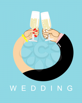 Wedding. Hands entwined, men and women in ring. Drink champagne out of glasses. Newlyweds drink wine.  Allegory of love
