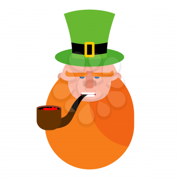 leprechaun with Red Beard. Portrait of angry leprechaun. Pipe and Green Hat cylinder. Serious leprechaun. Illustration for St. Patrick's day in Ireland
