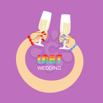 LGBT wedding. Symbol of wedding of two women. Lesbian wedding feast. Female hands holding glasses with white wine.
