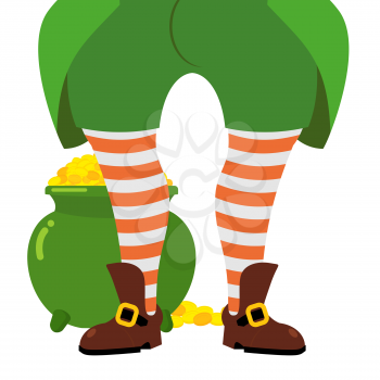 Leprechaun gold. big pot of gold. Leprechaun hides its treasures. Legs leprechaun in striped socks. Old shoes.  legs are mythical GNOME. Illustration for a holiday in Ireland. St. Patrick's day

