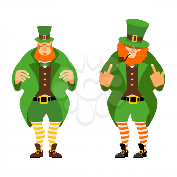 Leprechaun bad and good. Angry leprechaun with smoking pipe, shows  fuck. Good leprechaun with glasses and green frock coat. Characters for  Irish holiday St. Patrick's day
