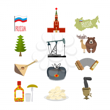 Set of symbols and icons for Russia: the Kremlin and balalaika, oil rig and vodka, with earflaps and a Samovar, dumplings and accordion. Flag of Russian Federation. Vector illustration
