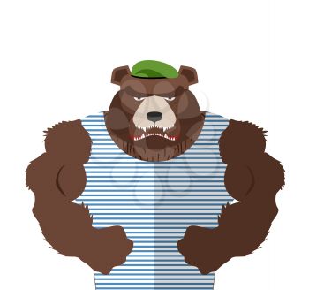 Angry bear in striped vest. Russian bear defender in a green beret with large muscles. Vector illustration
