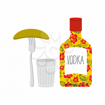  Vodka and glass. Pickled cucumber on  plug. Traditional Russian alcohol. Bottle with national pattern of khokhloma. Vector illustration