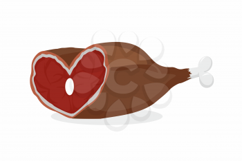 Smoked ham heart-shaped. Meat on the bone. Gammon. Love meat. Vector illustration