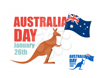 Australia day. Illustration for patriotic holiday of country. Kangaroo holding flag of Australia. Hilarious animal with flag of country.

