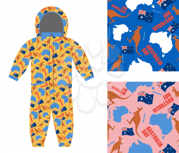 Australia day kids overall. Textures set Kangaroo and map of Australia seamless. Flag of Australia and Tasmanian animals. Texture for boys and girls. Childrens clothing design template.
