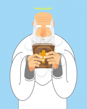 God and Bible. Old man with beard holds  Holy Bible. New Testament and good Grandpa with Halo. Religious Christian illustration.  
