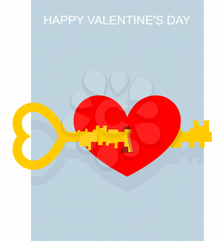 Valentines day. Key to heart. Large complex key opens keyhole in heart. Red heart symbol of love. Valentines for February 14.

