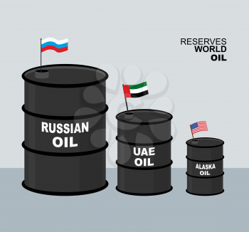 World oil reserves in world. Barrel oil. Elements for business infographic. Large barrel of oil and flag of Russia. Oil and  USA. flag. Declension and UAE flag.
