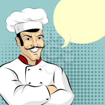 Cook and bubble. Cheesy Italian chef says. Professional kitchen worker in pop art style 
