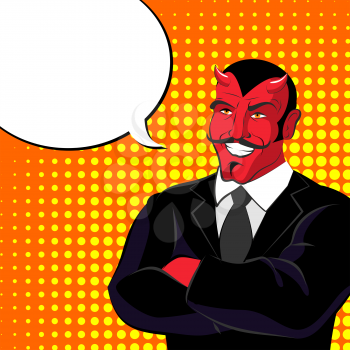 devil pop art. Red horned demonl and text bubble. Satan laughs. lucifer in  business suit.

