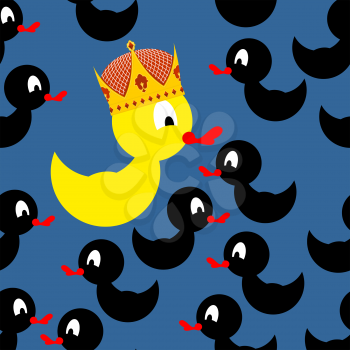 Yellow rubber duck in Crown. Black Duck around a yellow duck. At home among strangers. Vector illustration
