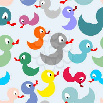 Colored rubber duck for bathing seamless pattern. Vector background of childrens toys for bath.
