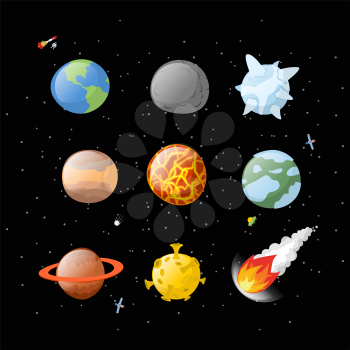 Planet set dark background. Dark space.  Planets of solar system by having  cartoon style. Earth, Jupiter. Mars and the Sun. falling meteorite. Fireball asteroid. Yellow Moon. Planet icons isolated. A