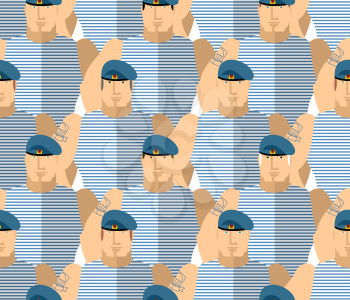 Russian military VDV . Strong Soldiers in blue berets and striped vests. The AIRBORNE TROOPS. Seamless pattern military people. Vector background. 