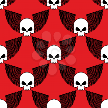 Skull with wings seamless pattern. Background of  winged head skeleton. Fabric texture for Rock musicians.