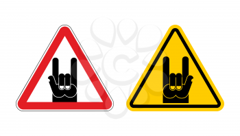 Warning sign of attention rock music. Rock hand yellow label. Rock and roll Red triangle. Set of road signs