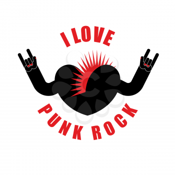 I love punk rock. Symbol of heart with  Mohawk hair and hands up. Rock hand sign. Logo for punk. Symbol for t-shirts bullies.