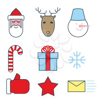 Christmas icons set. Flat  line icons for new year. Santa Claus and reindeer. Snowman and snowflake.
