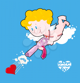 Cupid with automatic weapons on cloud. little curly haired Angel with arms of love. Valentine for Valentines day. Holiday lovers 14 February. Cute, funny Cupid and love gun. Cartridge belt hearts
