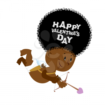 African American Cupid. Little angel with an Afro hairstyle. Hilarious Cupid with bow and arrow. Happy Valentines day 14 February