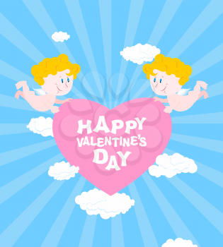 Happy Valentines day. Greeting card for Valentines day - Valentine. Two Angels hold heart. Cute funny cupids and pink heart. Clouds and skies.