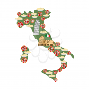 Map of Italy. Traditional Italian food symbols: Pizza and pasta. National  landmarks of country: leaning tower of Pisa,  Colosseum.
