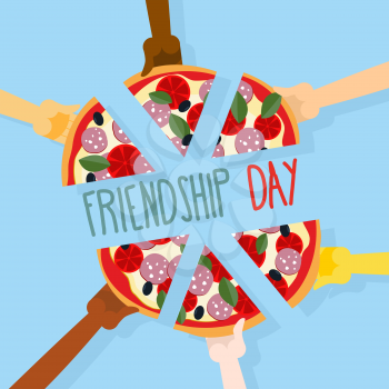 International friendship day. 30 July. Pizza pieces for friends. People eat pizza together. Vector illustration.
