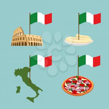 Set icon Italy. Flag and map, pasta and pizza.
