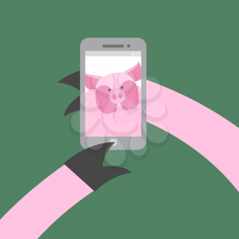 Selfie makes a pig. Farm animal photographs themselves. Vector illustration. Hoof push buttons of your Smartphone.
