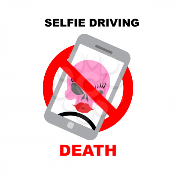 Sign  ban on selfie. Strikethrough phone with skull. Selfie driving leads to death. Vector illustration
