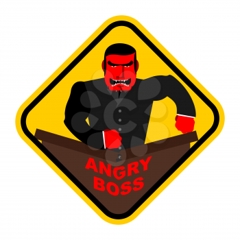 Ferocious boss. Chief, businessman red with anger. Breaks the table with his fist. Vector sticker, sign.
