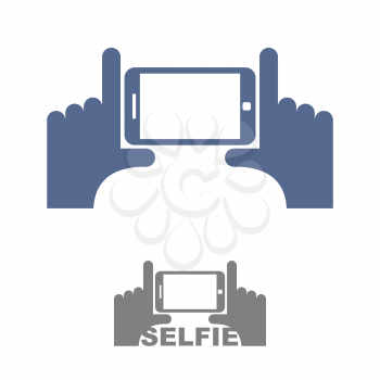 Selfie Logo. Sign emblem for a photo on phone. Hands and a Smartphone. Vector illustration

