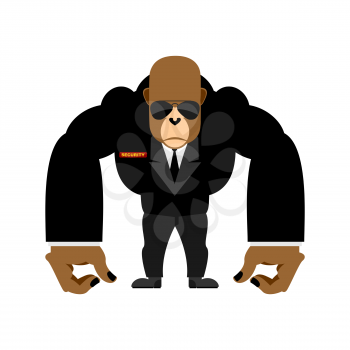 Security guard big gorilla  black suit. Bodyguard animal. Vector illustration
