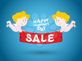 Valentines day sale. Holiday sales symbol. Cupid holding a Red Ribbon. Two cute angels and Ribbon with text. Lute discounts on merchandise in store.
