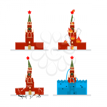 Destruction of Moscow Kremlin. Meteorite flies symbol of Russia. Fire in sights. Burns Tower of Kremlin. Natural disasters in Russia. Earthquake destroyed Moscow Kremlin. Cracks and chips. Flooding in
