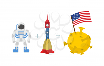 First Astronaut on moon.  American flag on moon. Space rocket and planet. Vector illustration.
