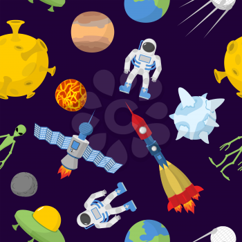 Space cartoon seamless pattern. Vector background. Astronaut and rocket
