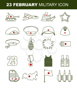 23 February. Day of defenders of fatherland. Patriotic holiday in Russia. Linear set of icons on military theme. Tank and plane. Warship and star. Green beret and a soldiers helmet. Vest and epaulets.