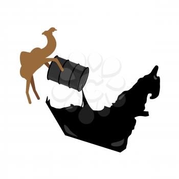 United Arab Emirates map. Camel pours oil from  barrel to UAE  map. Vector illustration
